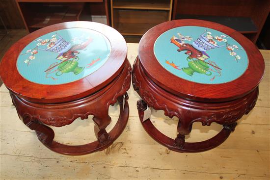 A pair of Chinese hardwood and cloisonne enamel stands or low tables, H.13.25in.